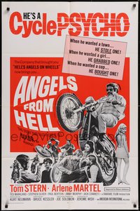 7p0216 ANGELS FROM HELL 1sh 1968 AIP, image of motorcycle-psycho biker, he's a cycle psycho!