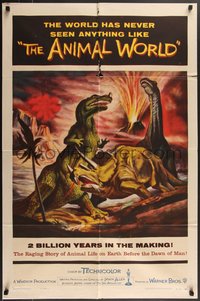 7p0218 ANIMAL WORLD 1sh 1956 Gustav Rehberger art of prehistoric dinosaurs & erupting volcano!