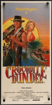 7p0156 CROCODILE DUNDEE Aust daybill 1986 different art of Paul Hogan & Linda Kozlowski by Clinton!