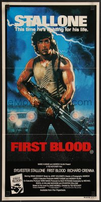 7p0159 FIRST BLOOD Aust daybill 1982 artwork of Sylvester Stallone as John Rambo by Drew Struzan!