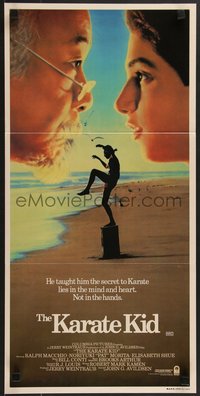 7p0162 KARATE KID Aust daybill 1984 Pat Morita & Ralph Macchio face off, white title style!