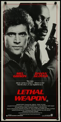 7p0167 LETHAL WEAPON Aust daybill 1987 great close image of cop partners Mel Gibson & Danny Glover!