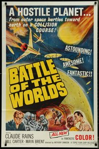 7p0229 BATTLE OF THE WORLDS 1sh 1963 cool sci-fi, flying saucers from a hostile enemy planet!