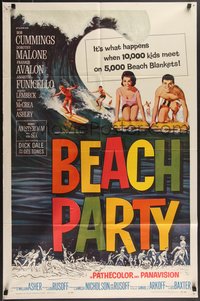 7p0230 BEACH PARTY 1sh 1963 Frankie Avalon & Annette Funicello riding a wave on surf boards!