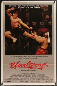 7p0252 BLOODSPORT 1sh 1988 cool image of Jean Claude Van Damme kicking Bolo Yeung in his huge pecs!