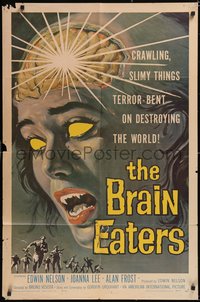 7p0257 BRAIN EATERS 1sh 1958 AIP, classic close-up sci-fi horror art of girl's brain exploding!