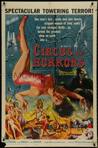 7p0276 CIRCUS OF HORRORS 1sh 1960 wild horror art of super sexy trapeze girl hanging by neck!