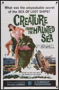 7p0297 CREATURE FROM THE HAUNTED SEA 1sh 1961 great art of monster's hand in sea grabbing sexy girl!