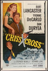 7p0302 CRISS CROSS 1sh R1958 cool crime film noir artwork of Burt Lancaster & sexy Yvonne De Carlo!