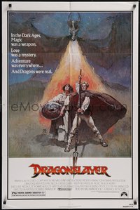 7p0325 DRAGONSLAYER 1sh 1981 cool Jeff Jones fantasy artwork of Peter MacNicol w/spear & dragon!