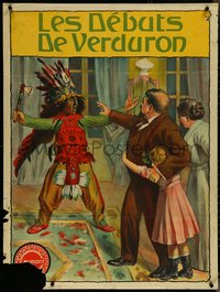 7p0073 LES DEBUTS DE VERDURON French 30x40 1913 art of Native American attacking family, ultra rare!