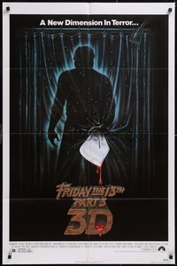 7p0361 FRIDAY THE 13th PART 3 - 3D 1sh 1982 slasher sequel, art of Jason stabbing through shower!