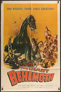 7p0374 GIANT BEHEMOTH 1sh 1959 cool art of massive brontosaurus dinosaur monster smashing city!