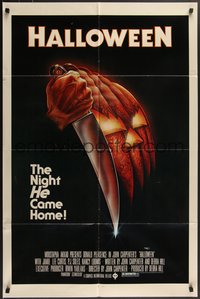 7p0385 HALLOWEEN 1sh 1978 John Carpenter classic, great Bob Gleason art with green ratings box!