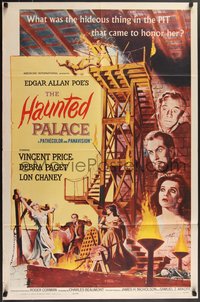 7p0390 HAUNTED PALACE 1sh 1963 Vincent Price, Lon Chaney, Edgar Allan Poe, cool horror art!