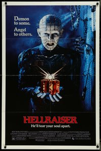 7p0396 HELLRAISER 1sh 1987 Clive Barker, great image of Pinhead, he'll tear your soul apart!