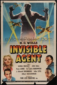 7p0423 INVISIBLE AGENT 1sh 1942 fx image of invisible man with WWII airplanes, Peter Lorre