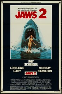 7p0427 JAWS 2 1sh 1978 great classic art of giant shark attacking girl on water skis by Lou Feck!