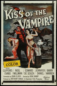 7p0439 KISS OF THE VAMPIRE 1sh 1963 Hammer, cool art of devil bats attacking by Joseph Smith!