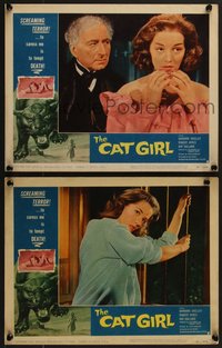 7p1221 CAT GIRL 2 LCs 1957 human feline Barbara Shelley, cool border art of huge cat, English horror!