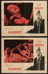 7p1225 GIRL IN THE BIKINI 2 LCs 1958 best close ups of sexy Brigitte Bardot in skimpy swimsuit!