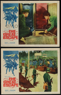 7p1227 GREAT ESCAPE 2 LCs 1963 Richard Attenborough and Brosnon with pick, Nazis and trucks!