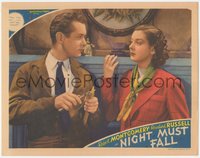 7p0921 NIGHT MUST FALL LC 1937 Rosalind Russell staring at Robert Montgomery carving wood, rare!