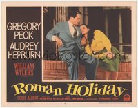 7p0944 ROMAN HOLIDAY LC #8 1953 Gregory Peck stares down at Audrey Hepburn asleep on his shoulder!