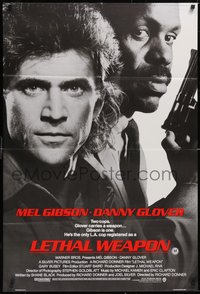 7p0446 LETHAL WEAPON advance 1sh 1987 great close image of cop partners Mel Gibson & Danny Glover!