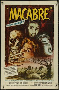 7p0462 MACABRE 1sh 1958 William Castle, Besser art of skeleton & screaming girls in graveyard!