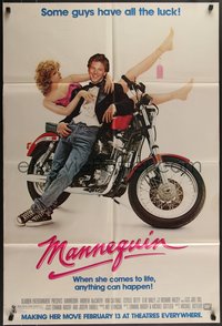 7p0468 MANNEQUIN advance 1sh 1987 great image of Andrew McCarthy & fake Kim Cattrall on motorcycle!