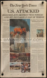 7p0011 NEW YORK TIMES newspaper September 12, 2001 hijacked jets destroy Twin Towers, graphic images