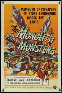 7p0478 MONOLITH MONSTERS 1sh 1957 classic Reynold Brown sci-fi art of living skyscrapers!