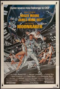 7p0481 MOONRAKER 1sh 1979 Goozee art of Roger Moore as James Bond, Kiel as Jaws & sexy ladies!