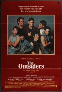 7p0516 OUTSIDERS 1sh 1982 Coppola, S.E. Hinton, Howell, Dillon, Macchio & top cast, no border design!