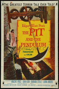 7p0528 PIT & THE PENDULUM 1sh 1961 Edgar Allan Poe's greatest terror tale, horror art!