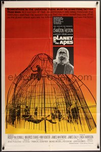 7p0529 PLANET OF THE APES 1sh 1968 Charlton Heston, classic sci-fi, cool art of caged humans!