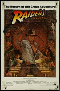 7p0540 RAIDERS OF THE LOST ARK 1sh R1982 great Richard Amsel art of adventurer Harrison Ford!