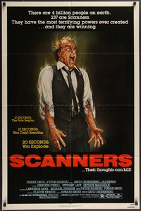 7p0562 SCANNERS 1sh 1981 David Cronenberg, in 20 seconds your head explodes, cool art by Joann!