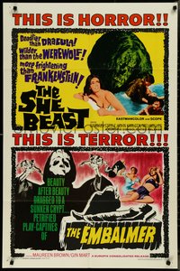 7p0569 SHE BEAST/EMBALMER 1sh 1966 deadlier than Dracula, wilder than the Werewolf, cool art!