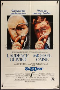 7p0579 SLEUTH 1sh 1972 close-ups of Laurence Olivier & Michael Caine with magnifying glasses!