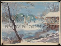 7p0006 LITTLE WOMEN 12x16 concept art 1977 Jerry Gebart art of winter village setting, ultra rare!