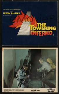 7p1290 TOWERING INFERNO 12 English FOH LCs 1975 Fire Chief Steve McQueen, top cast, different!