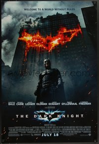 7r0409 DARK KNIGHT advance DS 1sh 2008 Christian Bale as Batman in front of burning bat symbol!