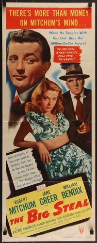 7r0669 BIG STEAL insert 1949 art of Robert Mitchum, Jane Greer & William Bendix, Don Siege, rare!