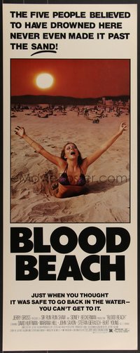 7r0671 BLOOD BEACH insert 1981 Jaws parody tagline, image of sexy girl in bikini sinking in sand!