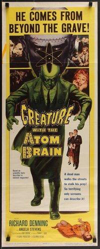 7r0682 CREATURE WITH THE ATOM BRAIN insert 1955 cool sci-fi art of dead man stalking his prey!