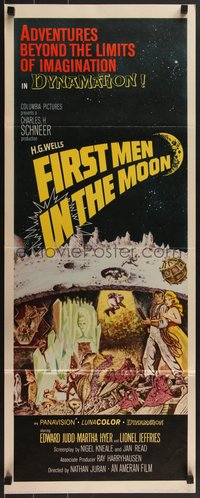 7r0688 FIRST MEN IN THE MOON insert 1964 Ray Harryhausen, H.G. Wells, fantastic sci-fi art!