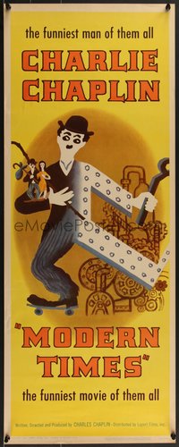 7r0710 MODERN TIMES insert R1959 Leo Kouper artwork of Charlie Chaplin & Goddard with gears, rare!