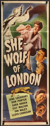 7r0725 SHE-WOLF OF LONDON insert 1946 cool art of spooky female hooded phantom + cast headshots!